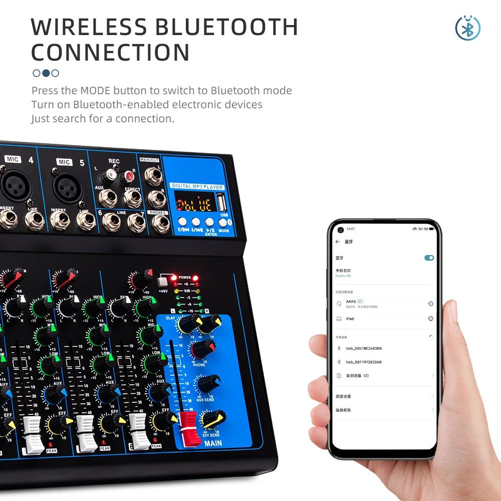 Black 7-channel DJ mixing console with a bright blue control panel, featuring rotary knobs, faders, and Bluetooth.