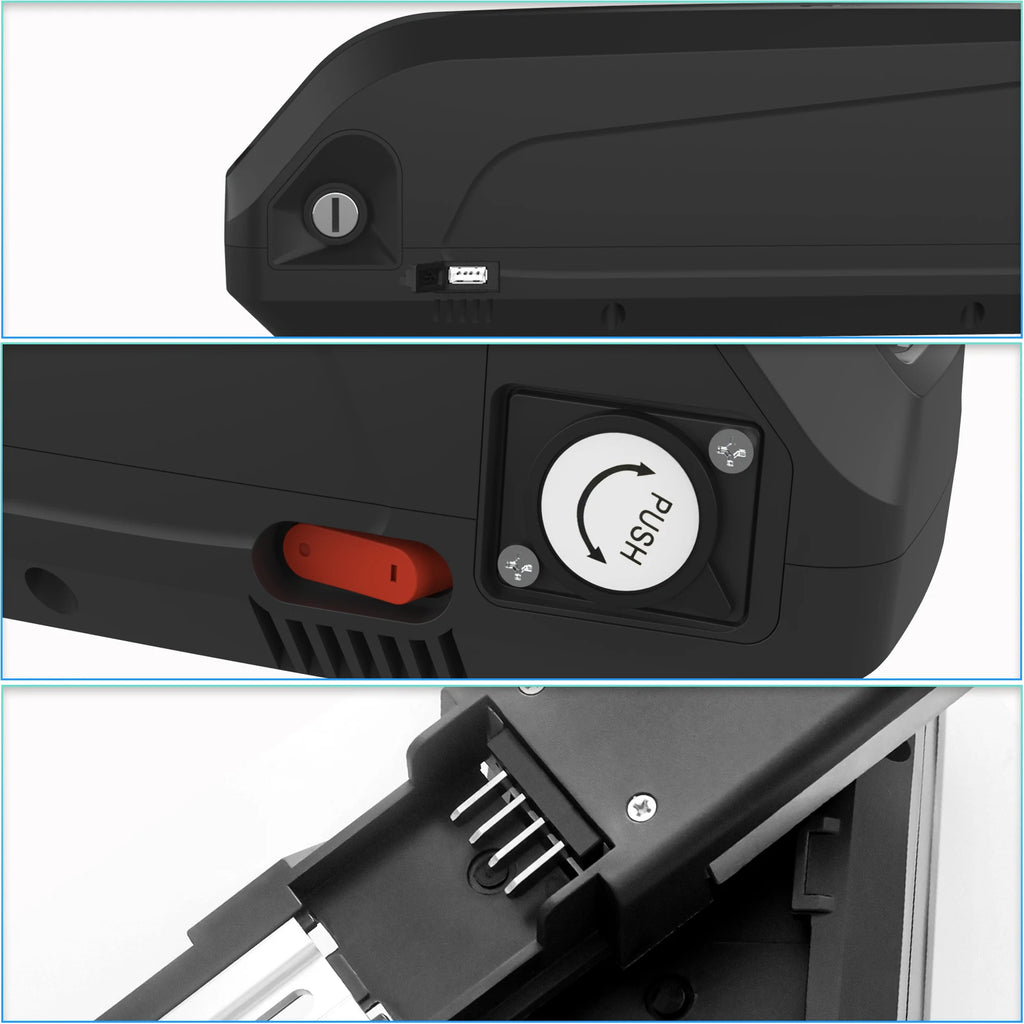 Black e-bike battery pack featuring a lock, charging port, red power switch, push-button release, and connection pins.