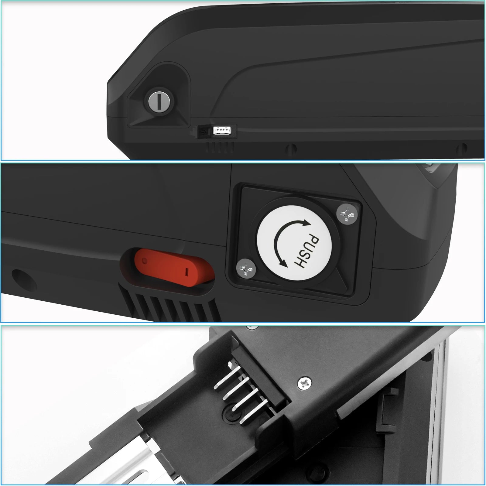 Black e-bike battery pack featuring a lock, charging port, red power switch, push-button release, and connection pins.