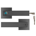 Matte black metal door handle set with integrated fingerprint scanner and physical emergency key lock.