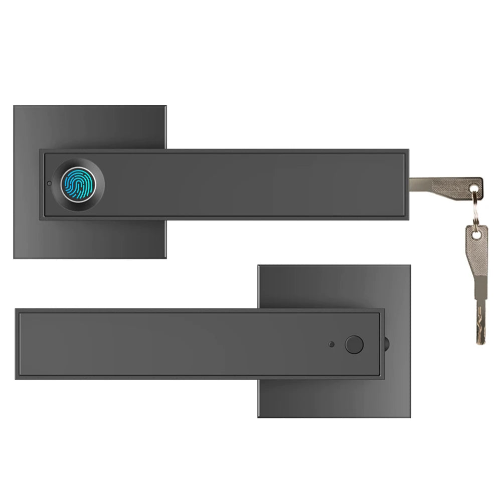 Matte black metal door handle set with integrated fingerprint scanner and physical emergency key lock.