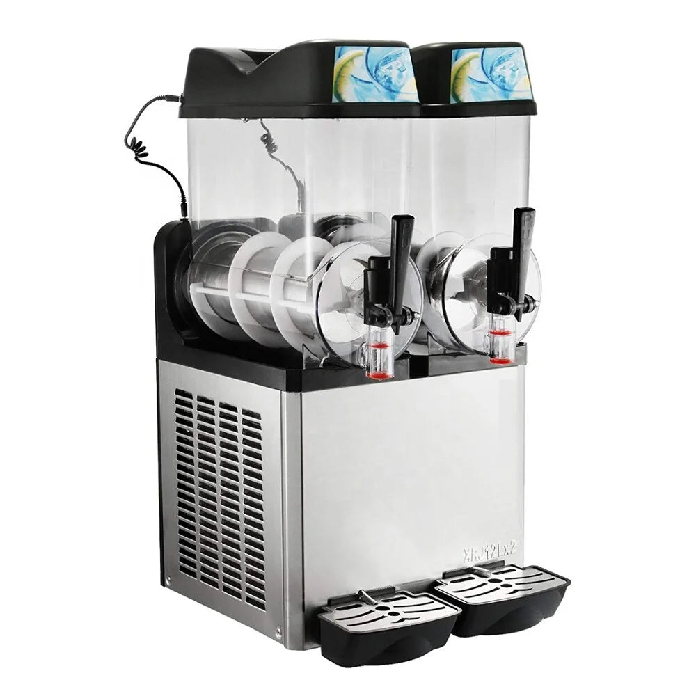 Professional double-bowl commercial slush machine with stainless steel finish.