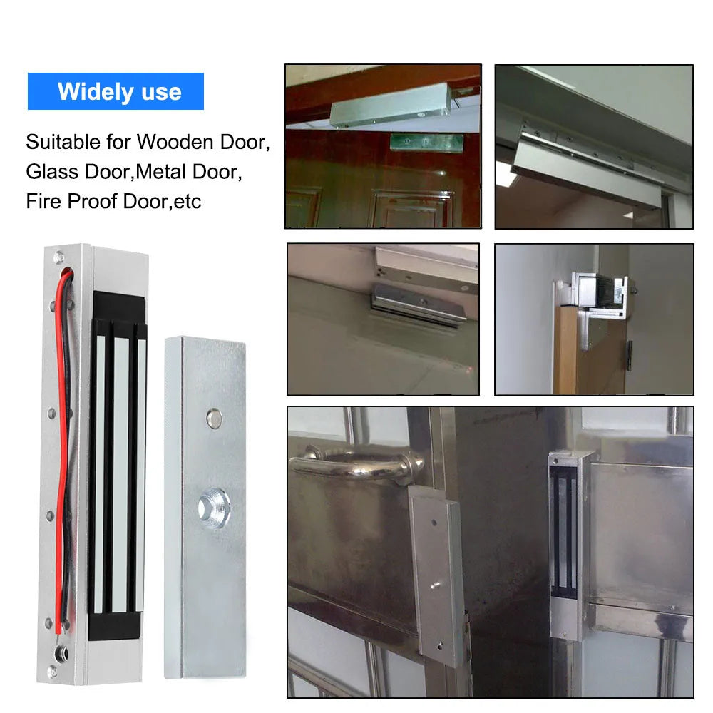Silver electromagnetic door lock with wire, featuring a rectangular metal housing, shown installed on various doors.