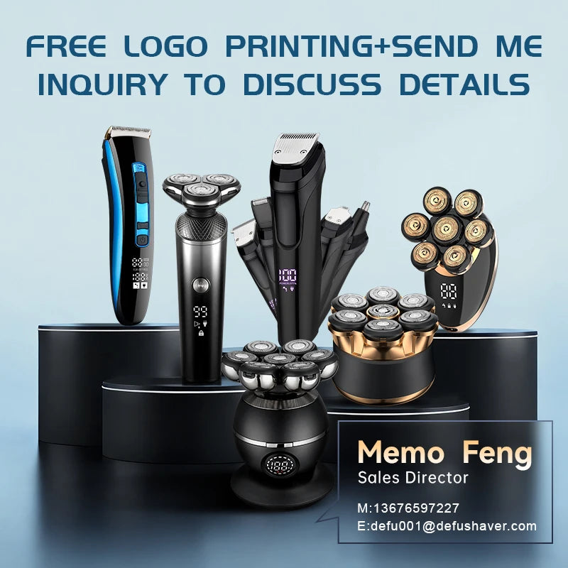 Black and gold electric grooming kit with multiple 7D shaver heads, digital displays, and interchangeable attachments.
