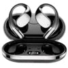 Black wireless hook-style earbuds with a charging case featuring a digital battery display.