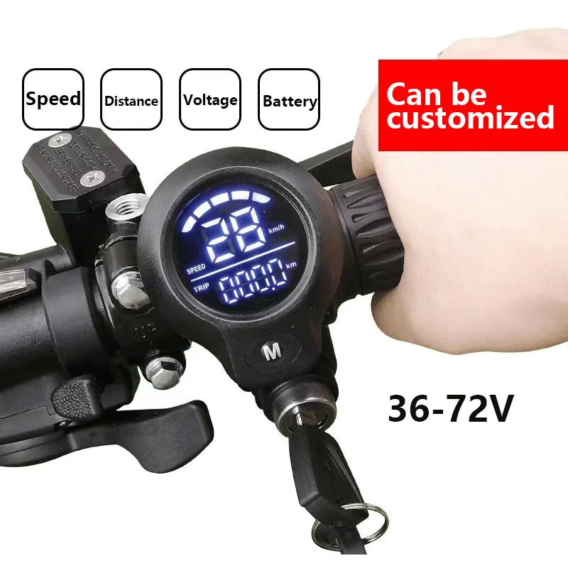 Black electric bike twist throttle with an integrated LED display showing speed and mileage, featuring a key ignition.