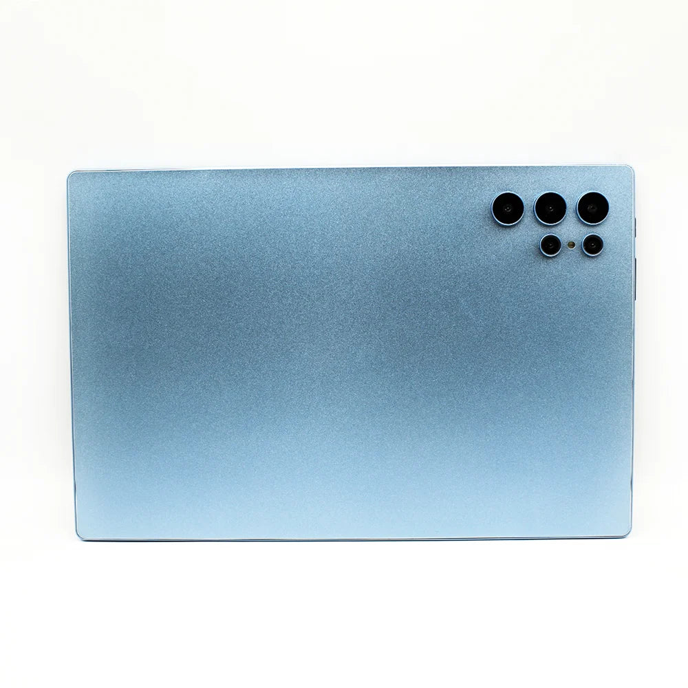 10-inch Android tablet with a metallic blue finish and a multi-lens rear camera system against a white background.