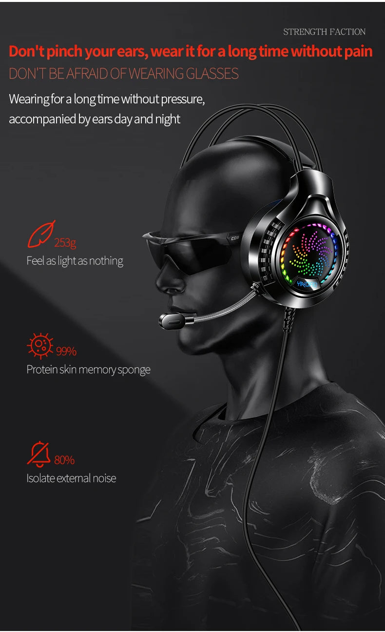 Black gaming headset with multi-coloured RGB lighting, flexible microphone, and cushioned ear cups for comfort.