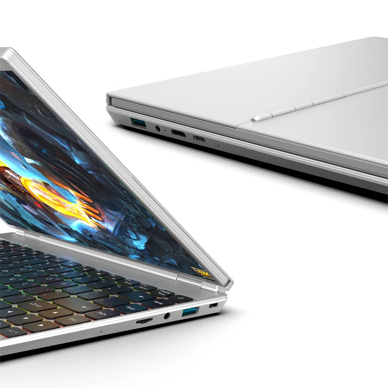 Silver 14-inch 360-degree laptop with a vibrant touchscreen, backlit keyboard, and multiple side ports.