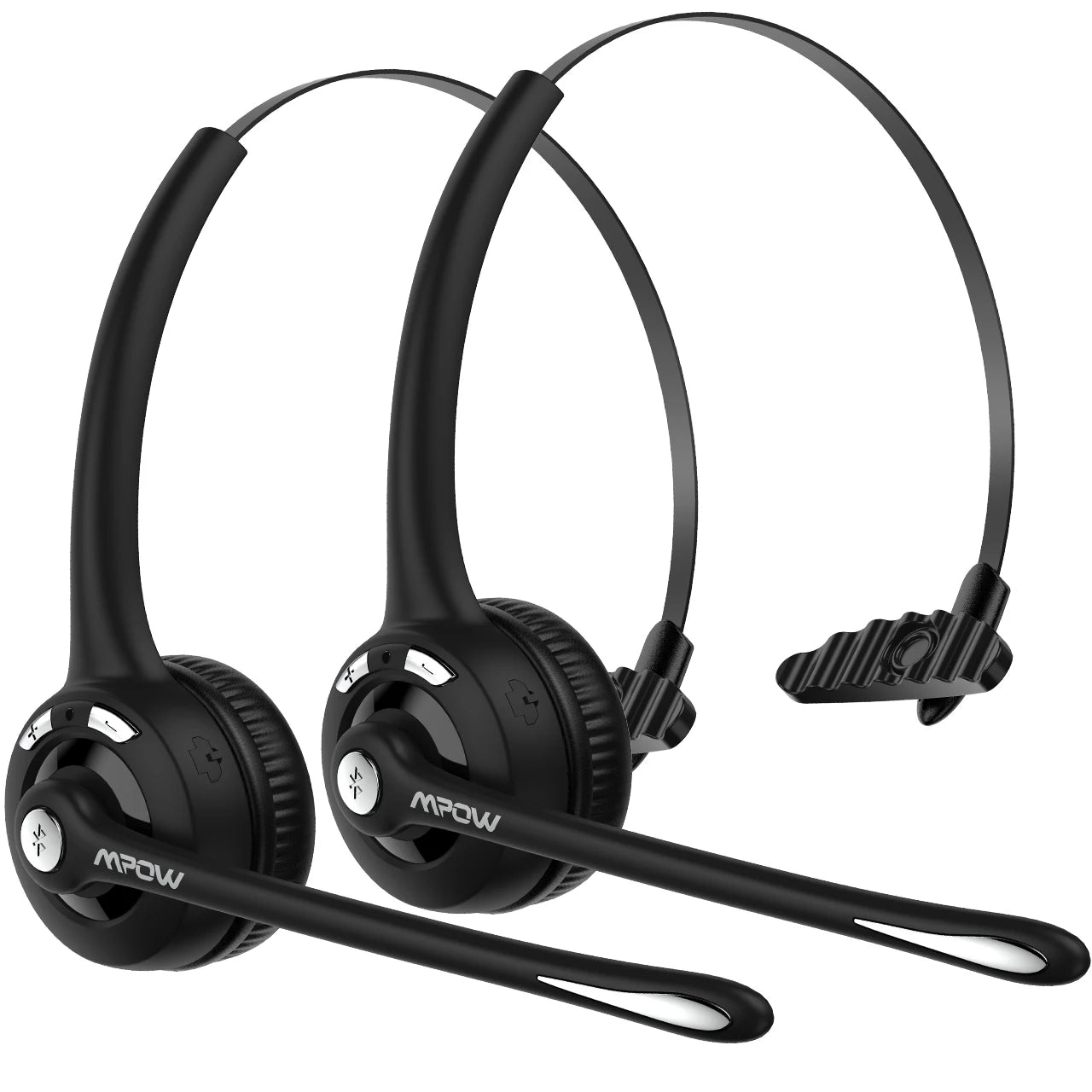 Black wireless office headset with adjustable microphone arm, single earpiece, and sleek headband.