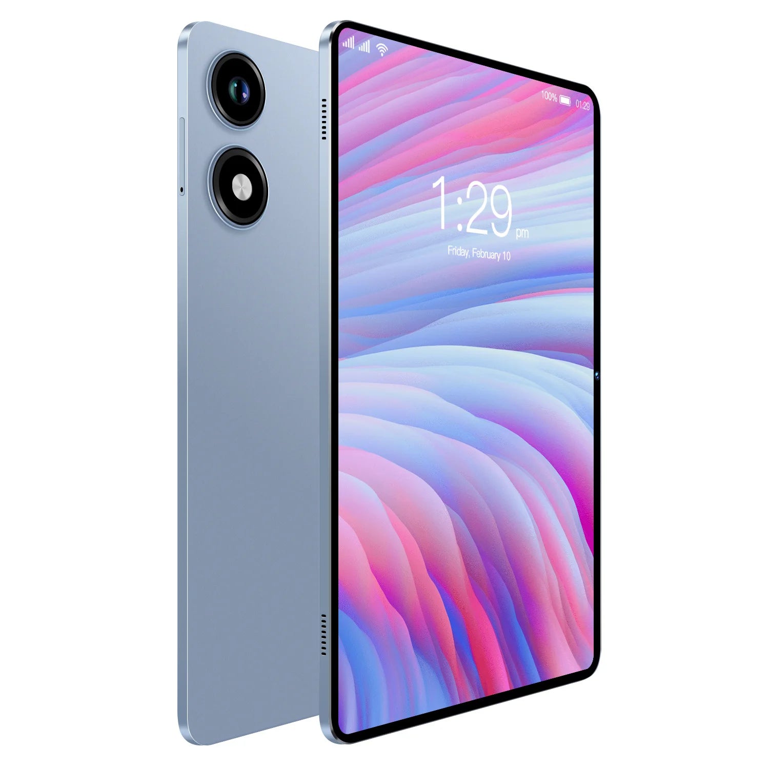 Sleek light blue 10.1-inch Android tablet with a dual-lens rear camera and vibrant abstract wallpaper display.
