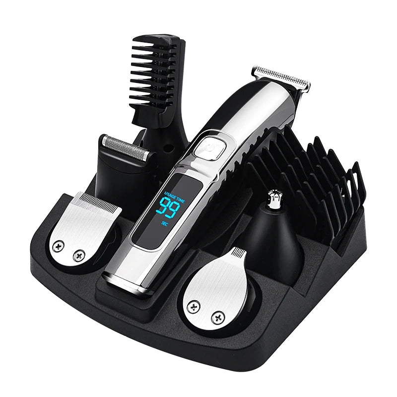 Professional 6-in-1 black and silver hair grooming kit with a digital display stand and various trimming attachments.