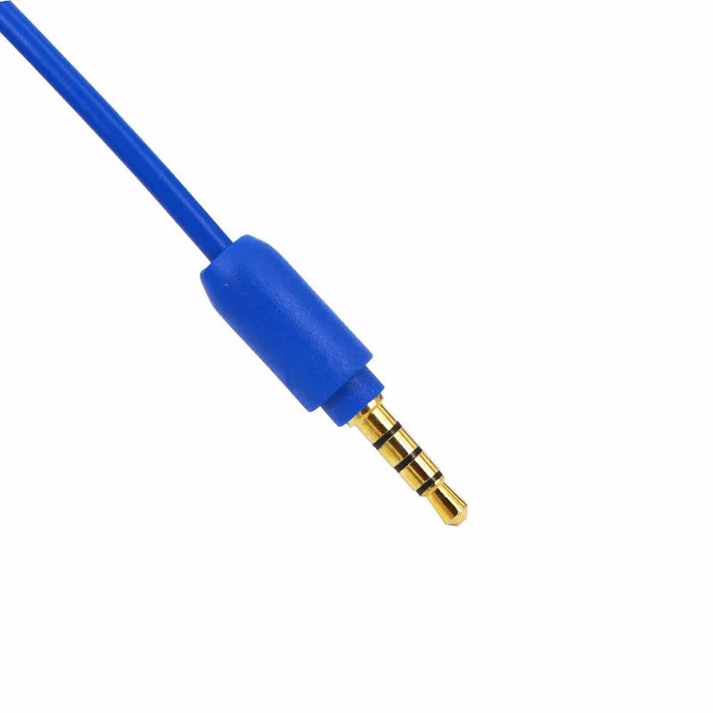 Bright blue 3.5mm audio jack cable with a gold-plated four-pole connector on a white background.