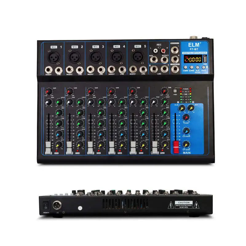 Black 7-channel DJ audio mixing console with rotary knobs, faders, and a digital MP3 display panel.