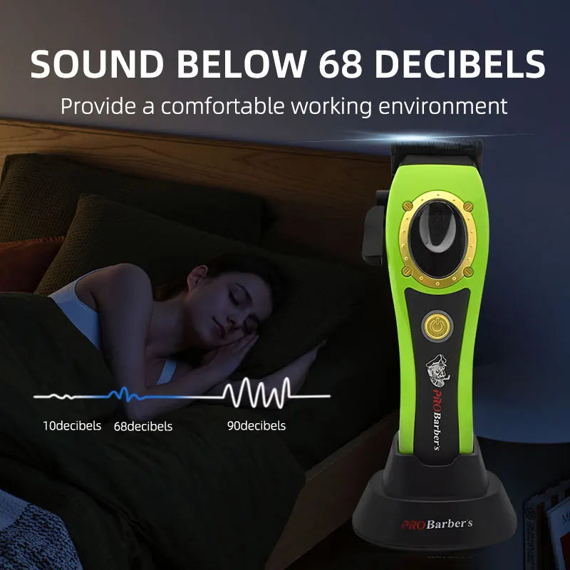 Bright green professional electric hair clippers with a quiet motor, shown on a charging stand near a sleeping person.