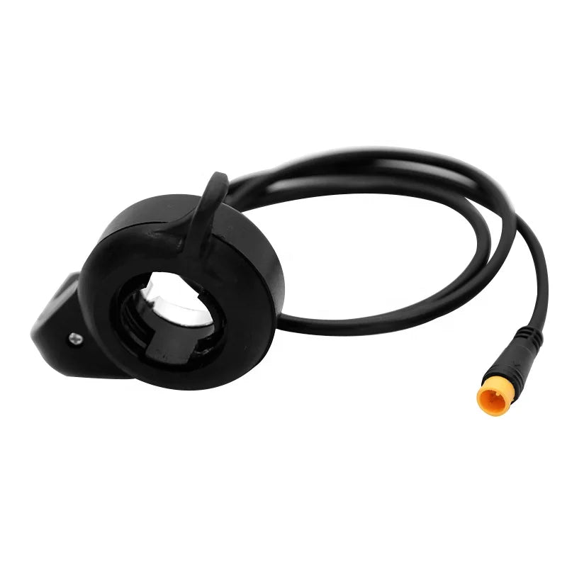 Black electric bike thumb throttle with cable and yellow 3-pin connector.