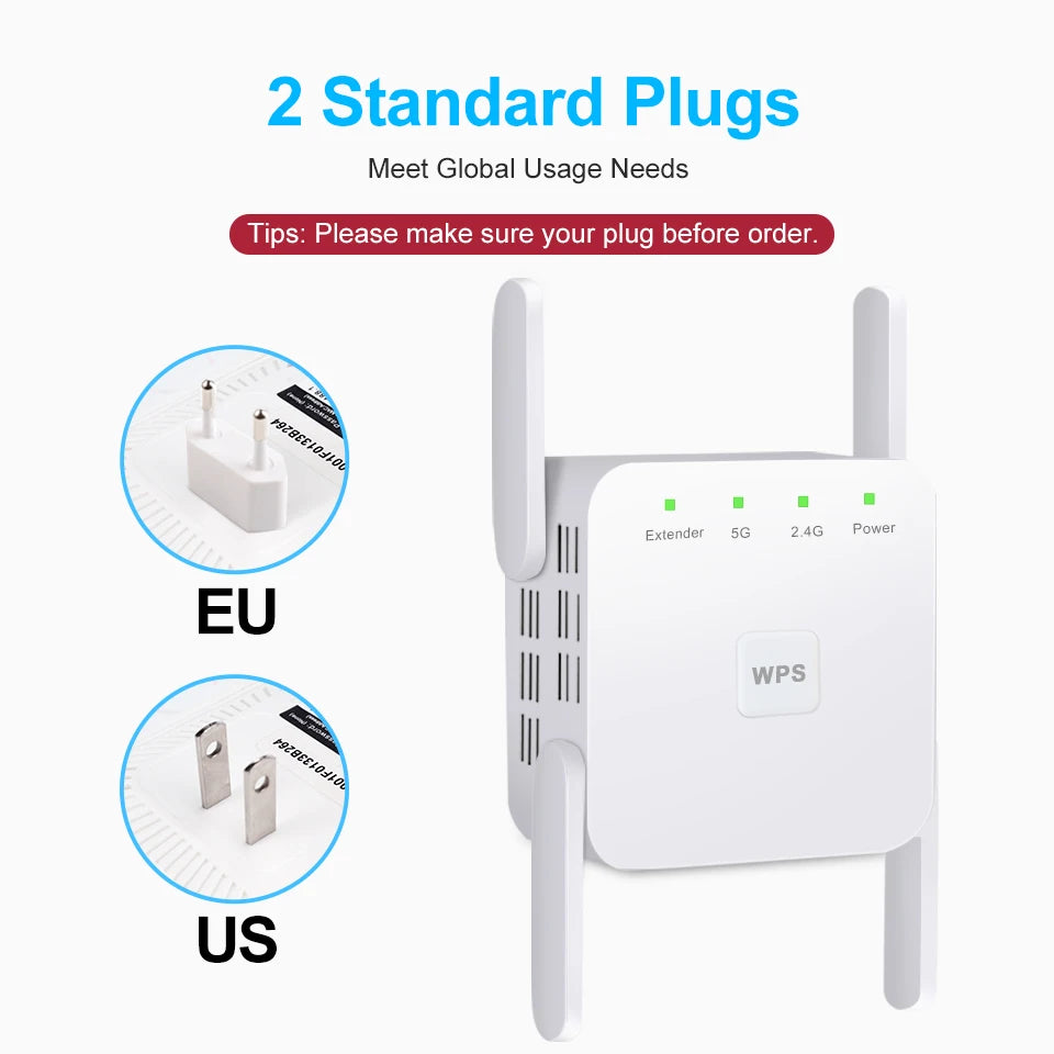 White dual-band WiFi signal booster with four external antennas and indicator lights, available with EU or US plugs.