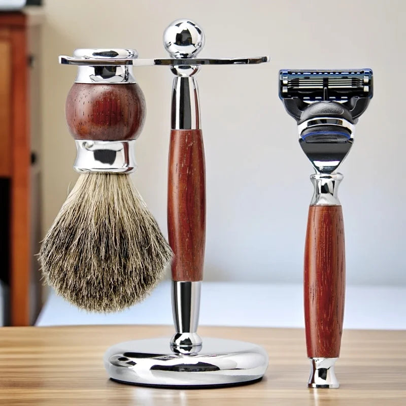 Barbers Stand Wet Shaving Safety Razor Kit with Badger Hair Brush and Five Blades