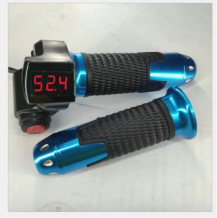 Blue electric bike twist throttle set with textured black grips, red LCD voltage display, and a red power button.