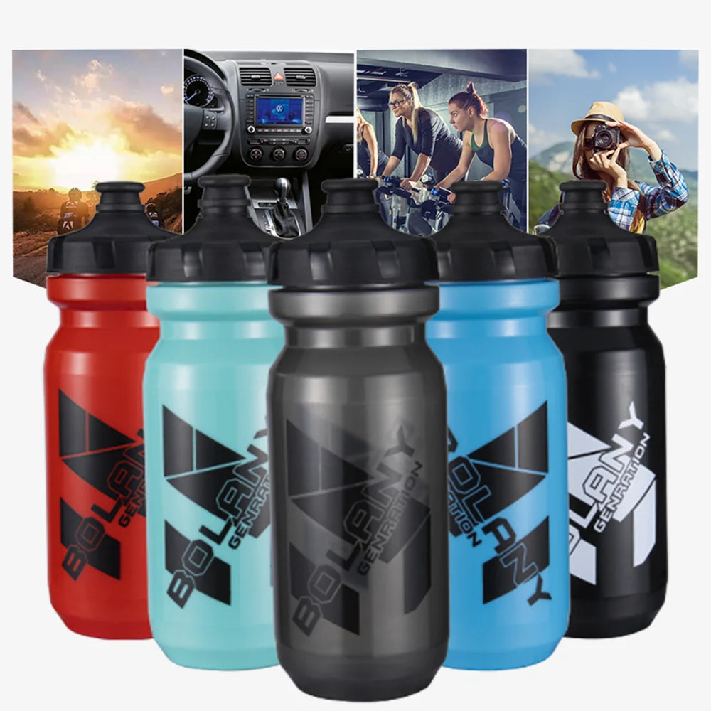 Five Bolany sports water bottles in red, light blue, grey, blue, and black with black sports caps and logo branding.