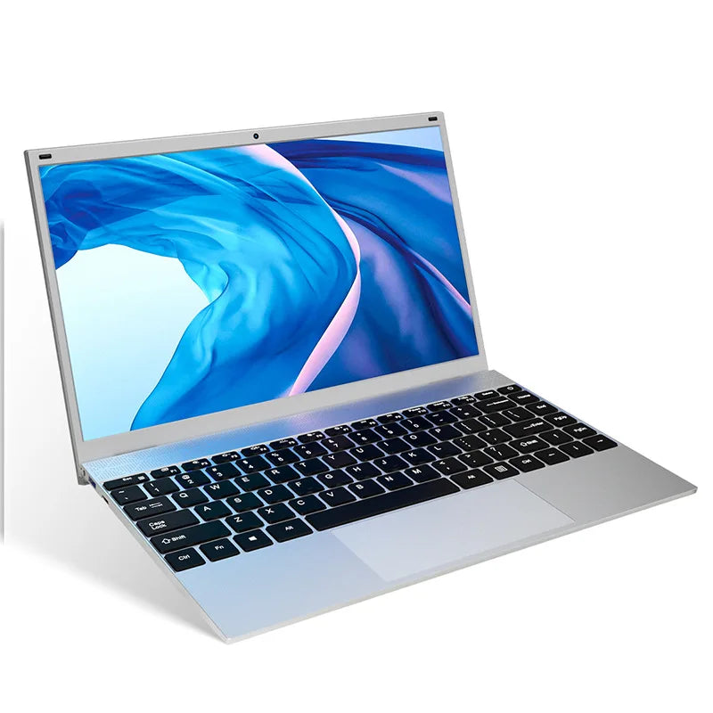 Sleek silver 14-inch laptop with a slim bezel, black keyboard, and a vibrant blue abstract wallpaper.