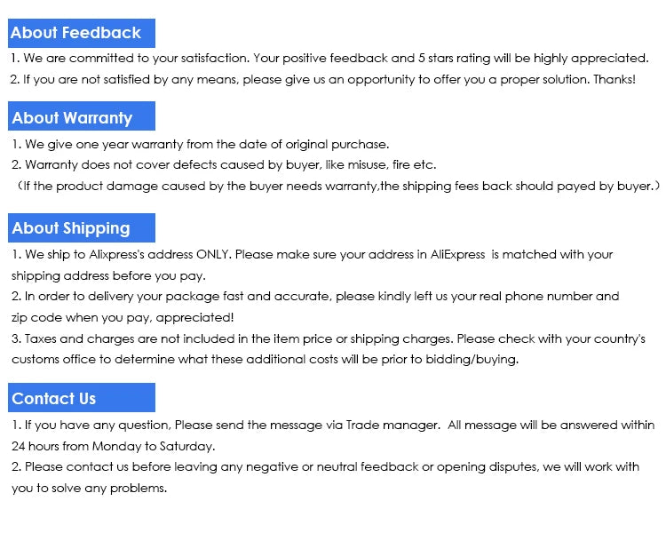 White background image containing text sections about feedback, warranty, shipping, and contact information.