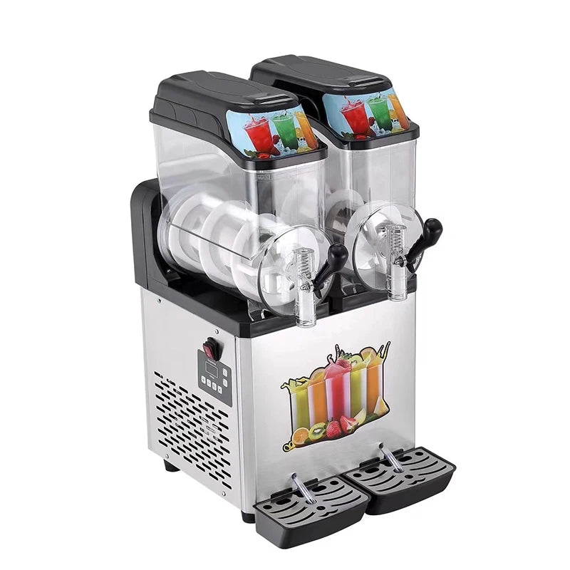 Dual-bowl commercial slush machine with stainless steel body and digital controls.