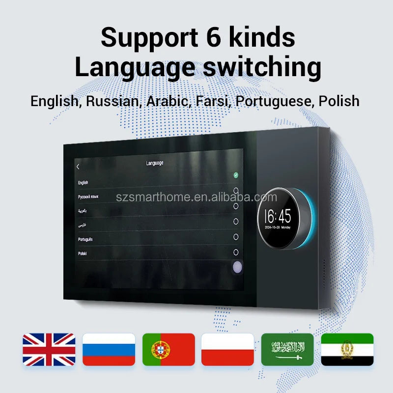 Black 7-inch wall-mounted smart amplifier featuring a touchscreen interface with multi-language settings and clock dial.