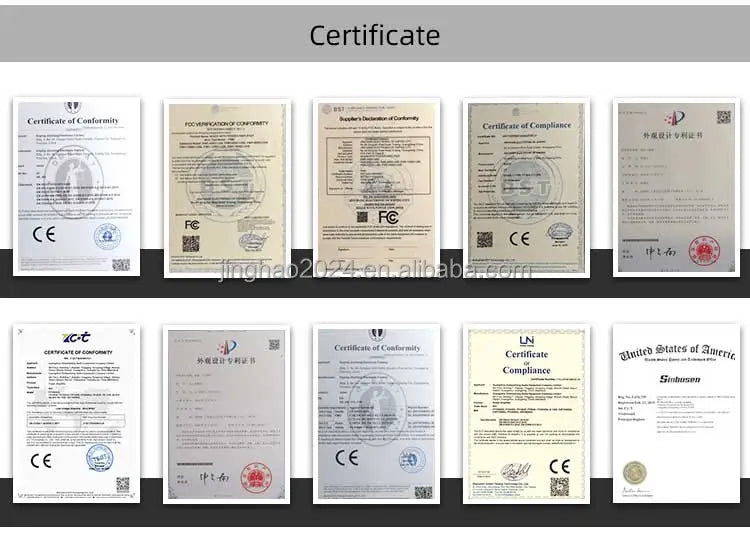A grid showing various official product certificates and compliance documents with seals and text.
