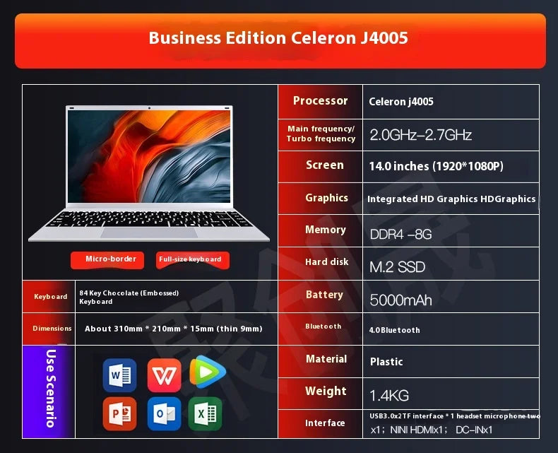 Sleek silver 14-inch laptop with a slim-bezel display and full-size keyboard. Specification chart included.