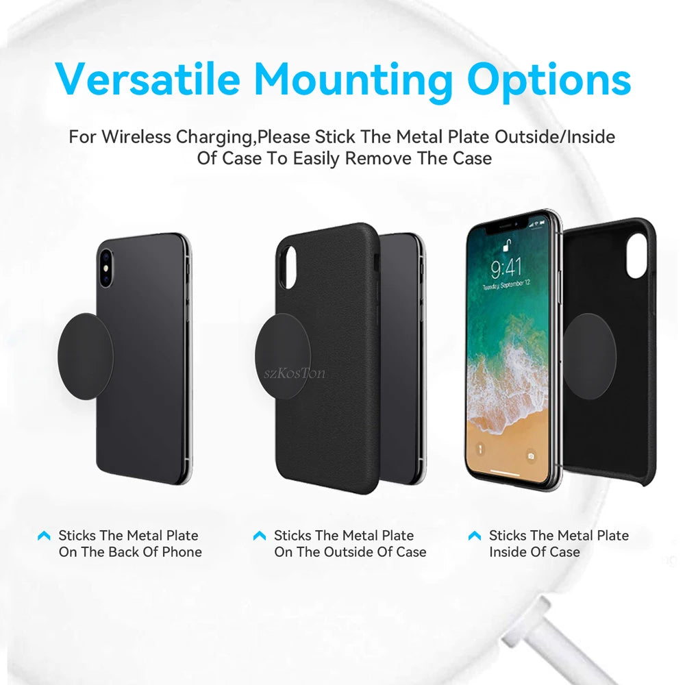 A black phone case and a circular adhesive metal plate, showing three mounting methods for magnetic phone accessories.