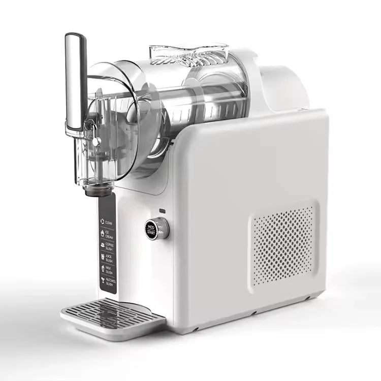 White countertop frozen drink and ice cream maker with a transparent mixing chamber and control panel.