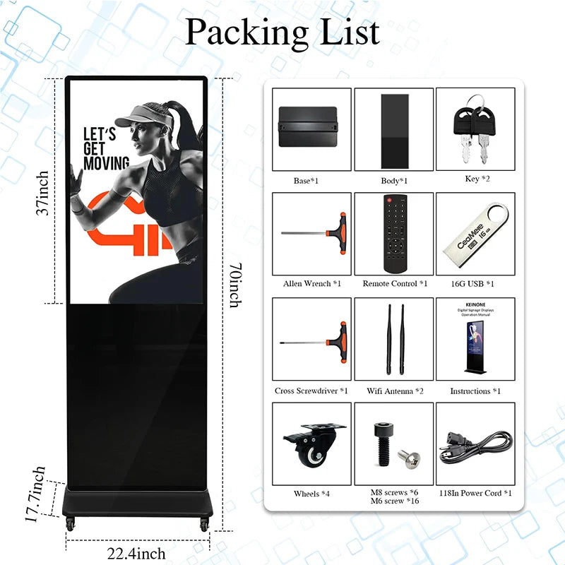 A 43-inch black floor-standing digital signage kiosk with a packing list showing base, tools, remote, and accessories.