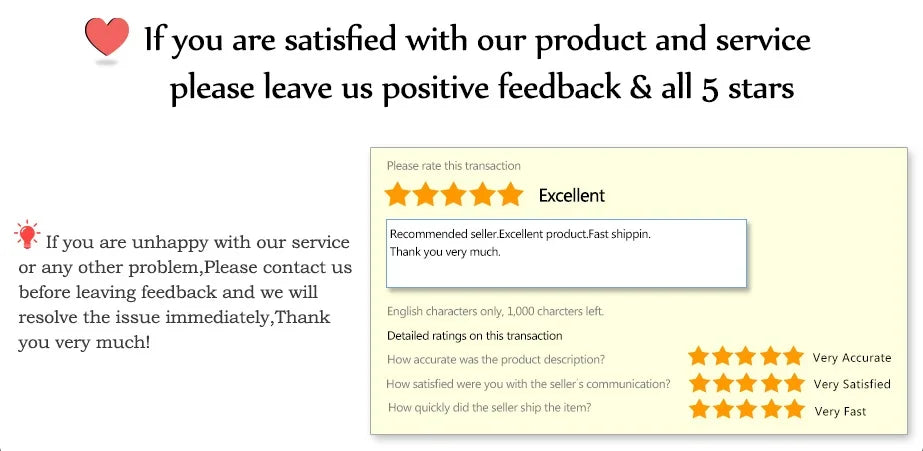 Customer feedback request card with instructions for rating service and a five-star review example.