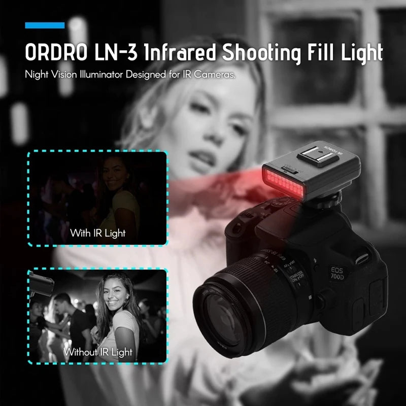 Black plastic Ordro LN-3 infrared fill light mounted on a DSLR camera shoe mount with LED array.
