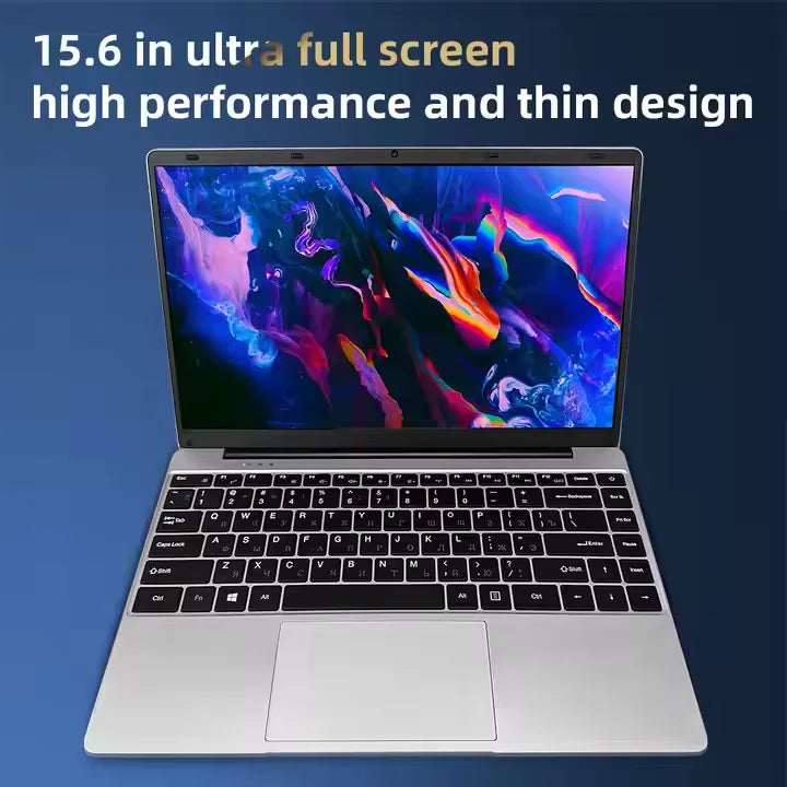Sleek silver 15.6-inch laptop with a slim bezel and vibrant colourful screen display.