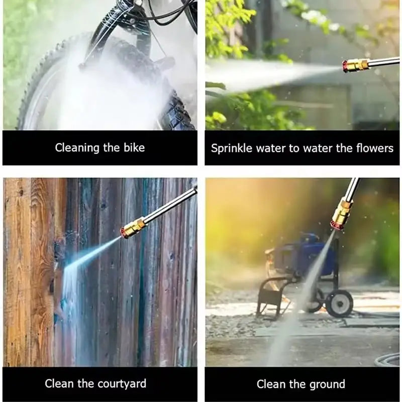 A collage showing a metal high-pressure spray nozzle cleaning a bike, watering plants, and washing outdoor surfaces.