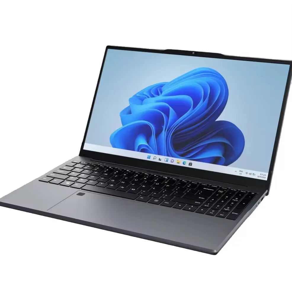 Sleek dark grey 15.6-inch laptop with a slim-bezel display and integrated number pad keyboard.