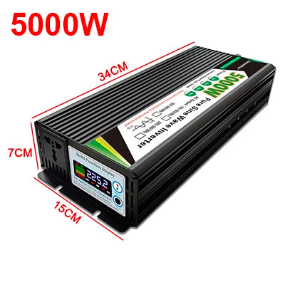 Black 5000W pure sine wave power inverter with a digital display and universal AC power socket.