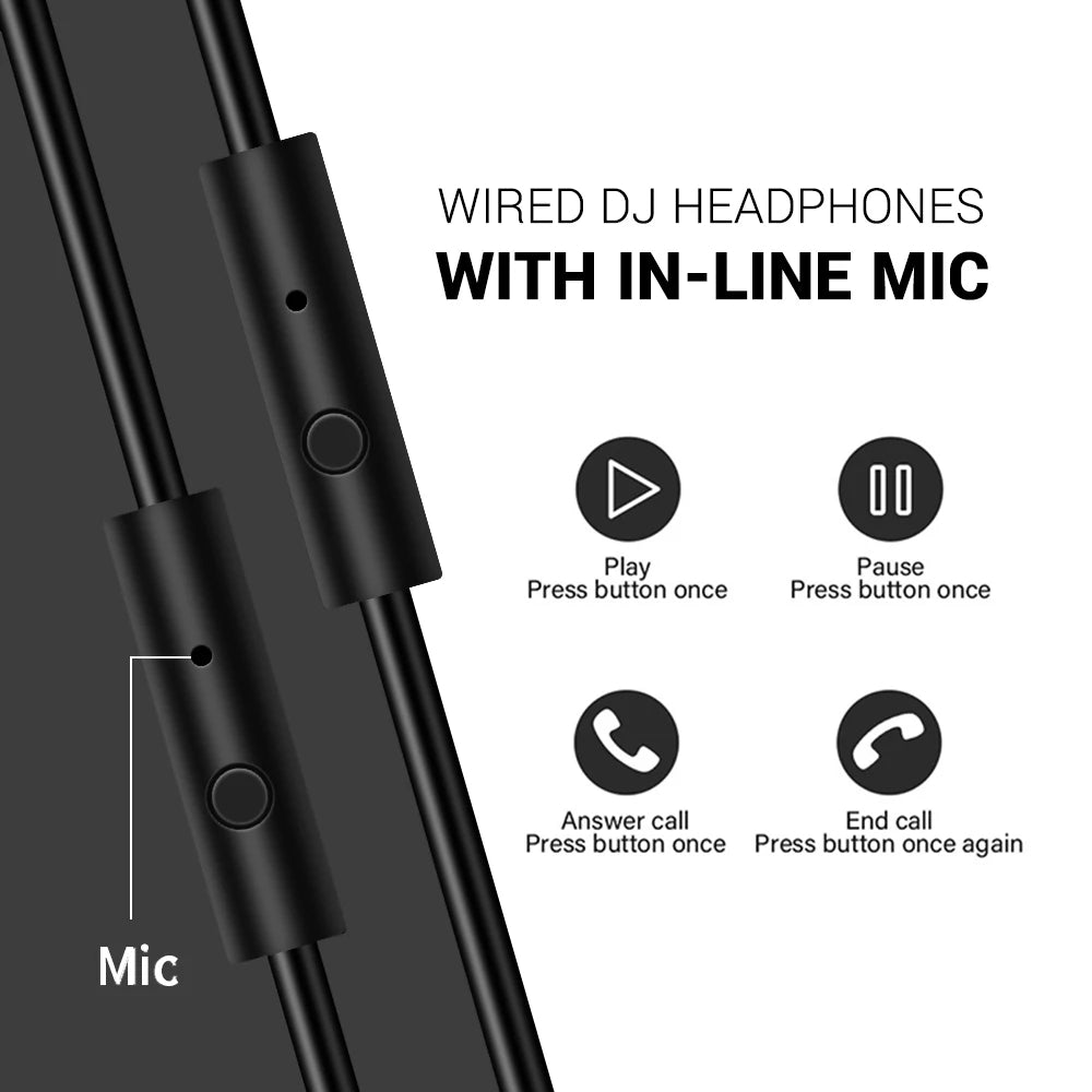Black wired DJ headphones featuring an in-line microphone and multi-function control button for media and calls.