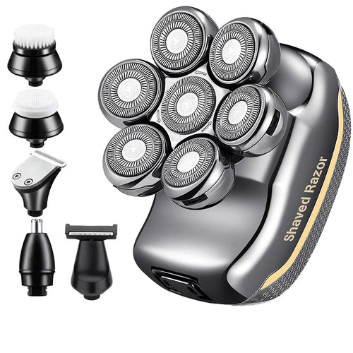 7D electric head shaver in metallic grey with multiple interchangeable grooming attachments for versatile styling.