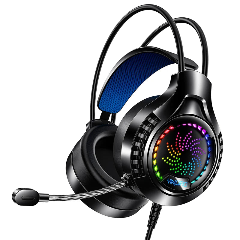 Black gaming headset with blue interior padding, flexible microphone, and circular RGB lighting on the ear cups.