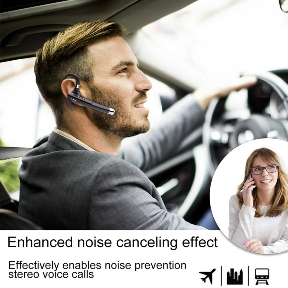 Man driving while wearing a sleek black, over-ear wireless Bluetooth headset with a built-in microphone.