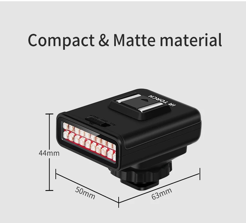 Black compact infrared torch with matte finish, featuring 15 LED lights and a cold shoe mount for cameras.