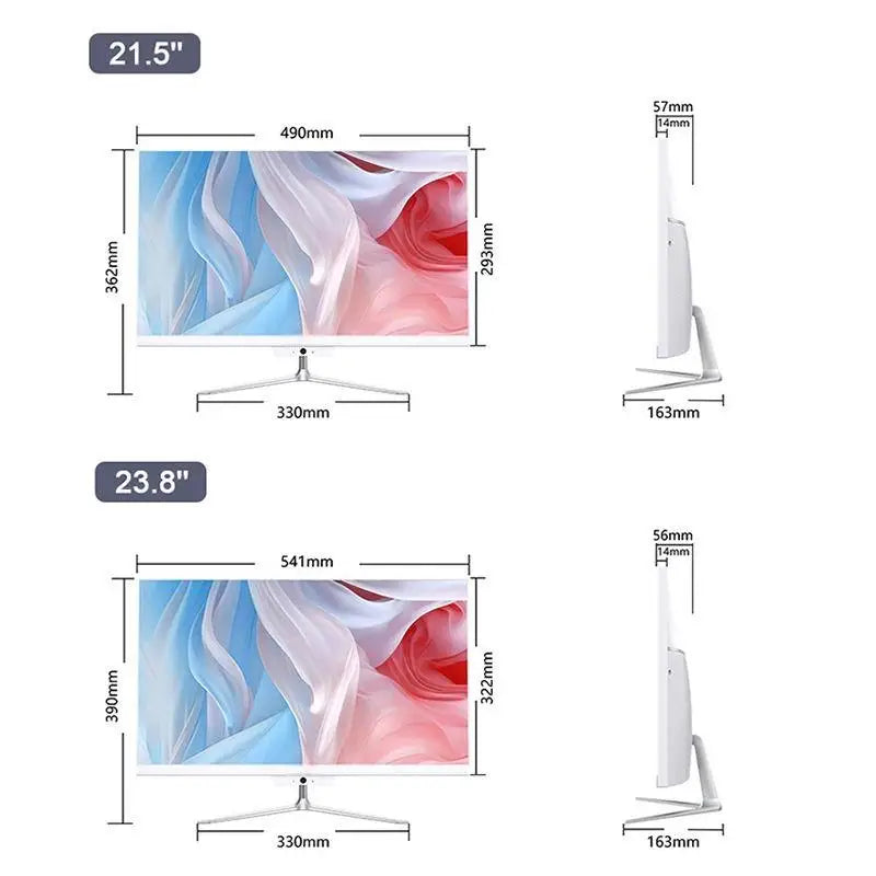 A white all-in-one desktop PC with a sleek, slim design, shown from front and side profiles with technical dimensions.