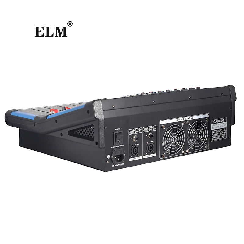 Professional 8-channel audio mixer in black with blue side panels, showing rear power, output ports, and dual cooling fans.