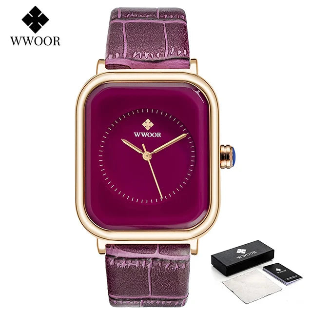 Ladies' fashion watch with a square gold-tone case, deep purple dial and matching embossed purple leather strap.