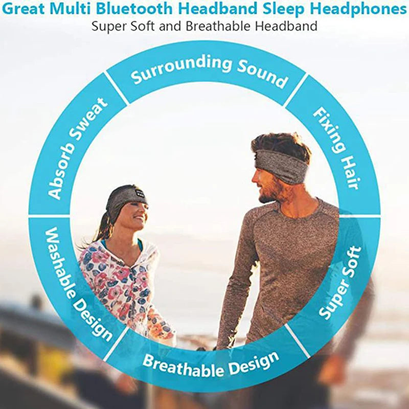A couple wearing soft, grey, breathable Bluetooth headband headphones, shown within an illustrative feature wheel.