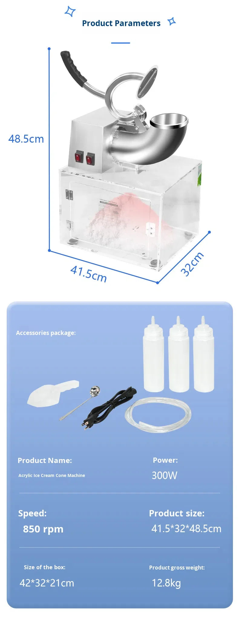 Stainless steel commercial ice crusher with a clear acrylic storage box, handle, and included accessory kit.