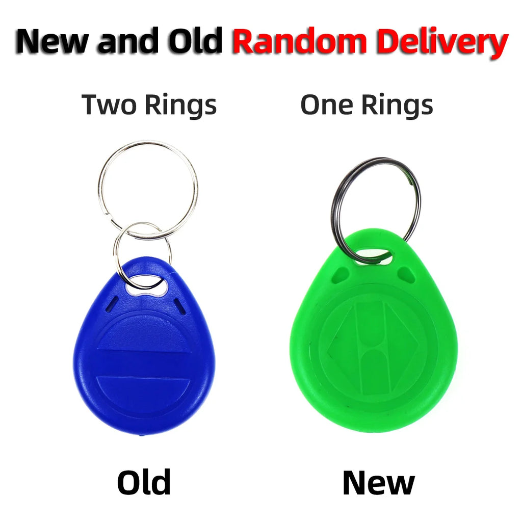 Blue and green plastic RFID key fob tags with one or two metal split rings for attachment.